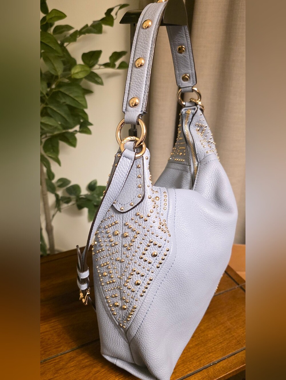 Michael Michael Kors Aria Studded Light Blue Leather Hobo Bag - Picture 2 of 10